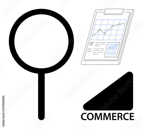 Magnifying glass, clipboard with data chart, and commerce triangle symbolize research, analytics, business, e-commerce, market trends, evaluation decision-making. Ideal for professional