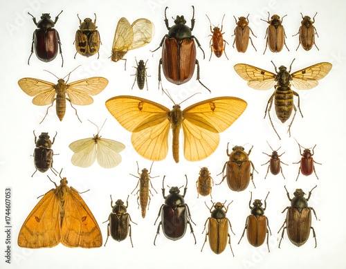 Diverse Insect Collection Displayed on a White Background