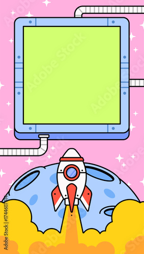 Flat vector illustration of a rocket launching from a planet with smoke and stars, featuring a futuristic frame for text or message. Perfect for technology, startup, and outer space themes