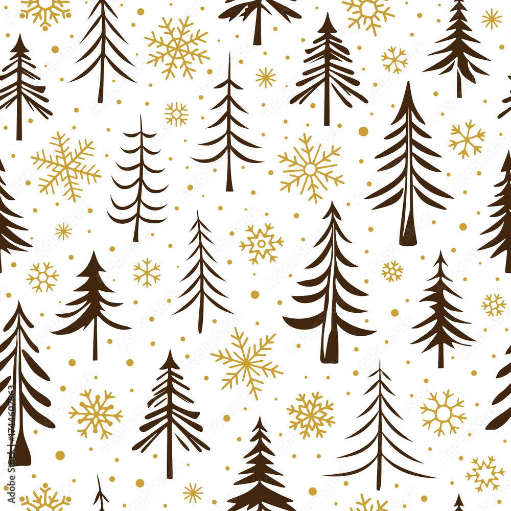Obraz premium Seamless pattern of trees and snowflakes, winter holiday background, Christmas and New Year, vector design