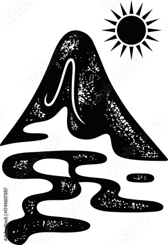 A stylized black and white illustration of a mountain, sun, and flowing water.