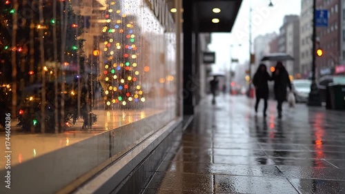 Wallpaper Mural Rainy city street with Christmas tree reflection and people Torontodigital.ca