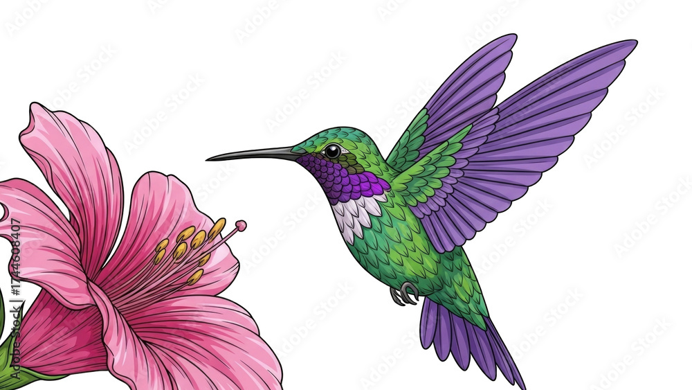Fototapeta premium Colorful hummingbird hovering near vibrant flower (6)