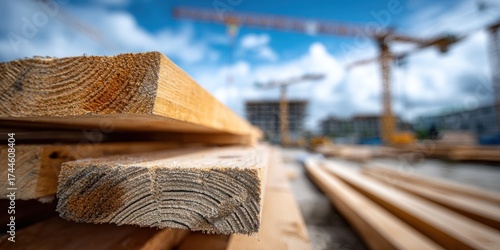 Construction Lumber Close-up:  Wooden Beams at a Building Site