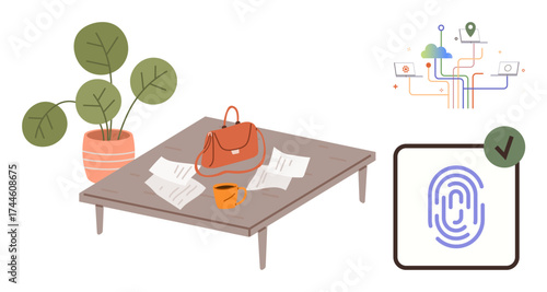 Table with papers, bag, coffee mug next to potted plant. Digital fingerprint, connection lines highlight technology themes. Ideal for workspace, security, digital access, modern tech organization