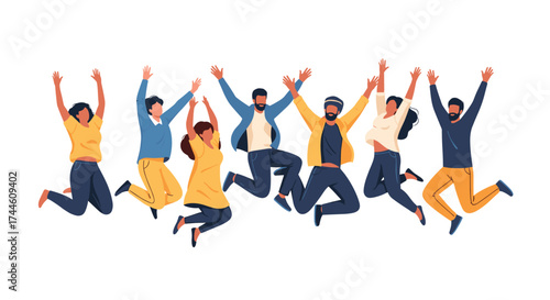 A diverse group of people jumping for joy and celebrating success together with outstretched arms.