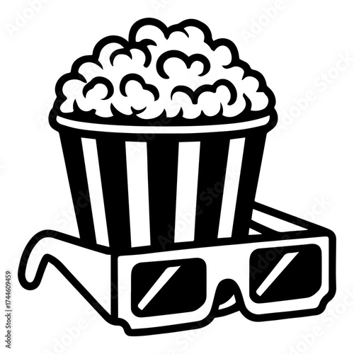 Popcorn tub + 3D glasses icon — movie night entertainment symbol with cinema snack and eyewear
