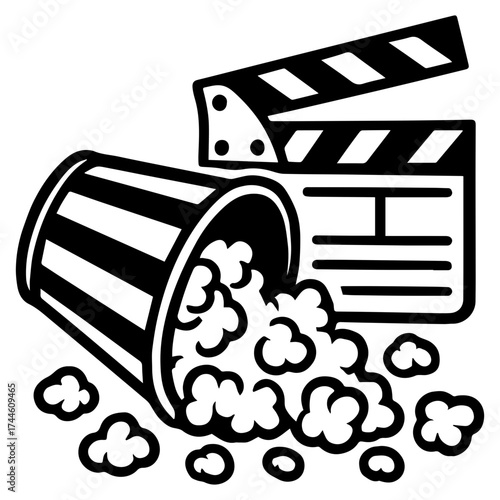 Popcorn bucket + clapperboard icon — movie night and cinema entertainment symbol combining film and snack elements
