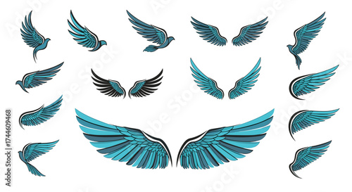 Collection of diverse stylized teal wings in various poses and designs for creative projects.