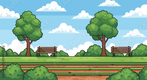 A peaceful park scene with two benches under shady trees on a sunny day.