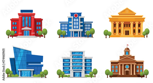 A collection of six distinct government and institutional buildings each showcasing unique architectural styles and designs.