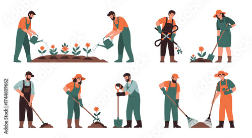 People are engaged in various gardening activities like planting watering and tending to plants.