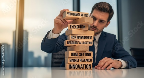 Businessman building a stack of wooden blocks representing business strategies.