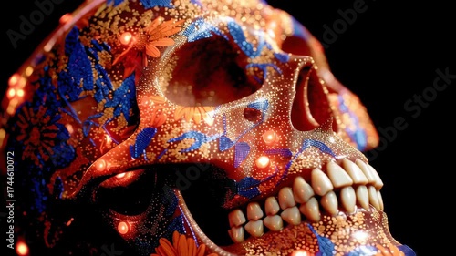 Skull Floral Decoration with Glowing Light, Vibrant Orange and Blue Flower, Sparkling Gold Accents, Creative Dramatic Art Style