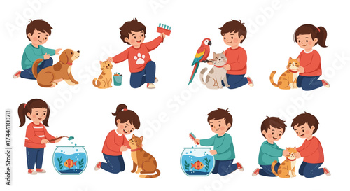Children interacting with various domestic animals and pets in daily life activities.