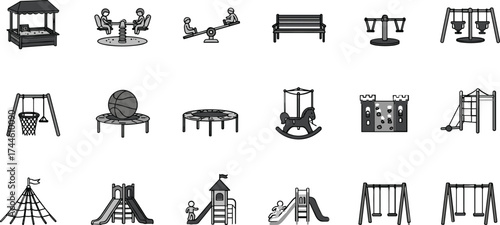 Collection of gray and black playground equipment and toys icons park recreation