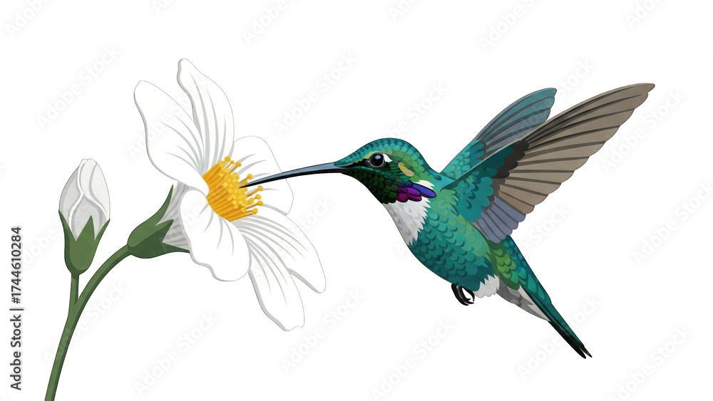 Obraz premium Illustration of a hummingbird feeding on a white flower with a long beak.