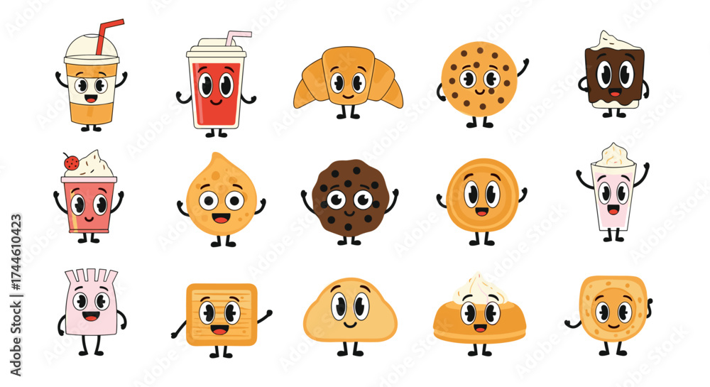 Obraz premium A delightful collection of kawaii baked goods and sweet drinks with smiling faces.