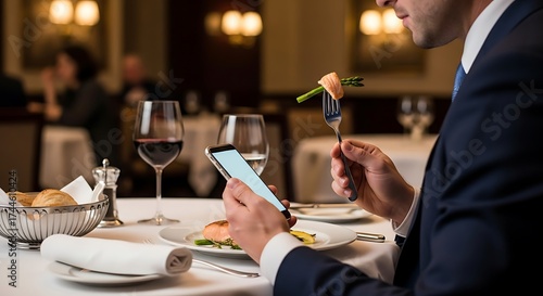 Businessman on phone at fancy restaurant with holding salmon  asparagus, and social media.