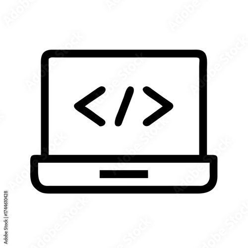 Laptop displaying code symbols, representing programming