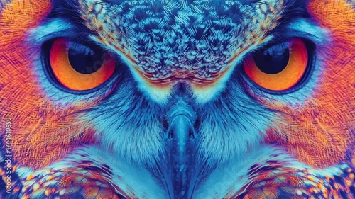 Abstract owl face closeup with intense orange eye, detailed blue feathers, vibrant animal bird pattern, mesmerizing symmetrical expression