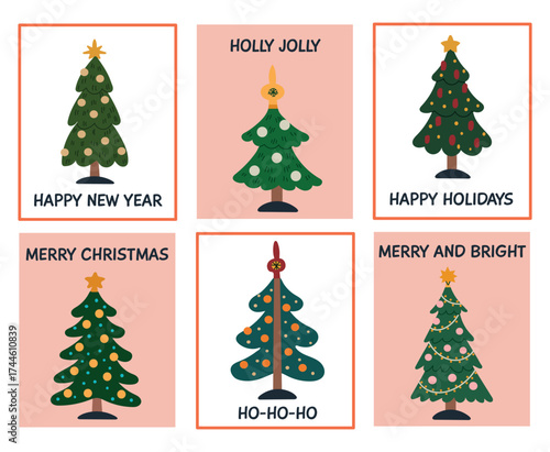Set collection cards, posters, banners of Christmas New Year trees with different decorations. Holiday design for packaging and textiles
