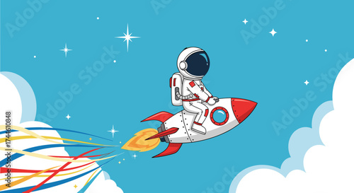 An astronaut riding a rocket through the vast expanse of space among the stars and clouds.