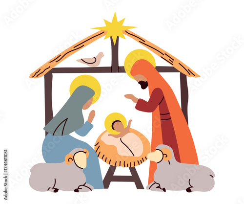 Manger scene christmas card poster banner invitation isolated vector illustration