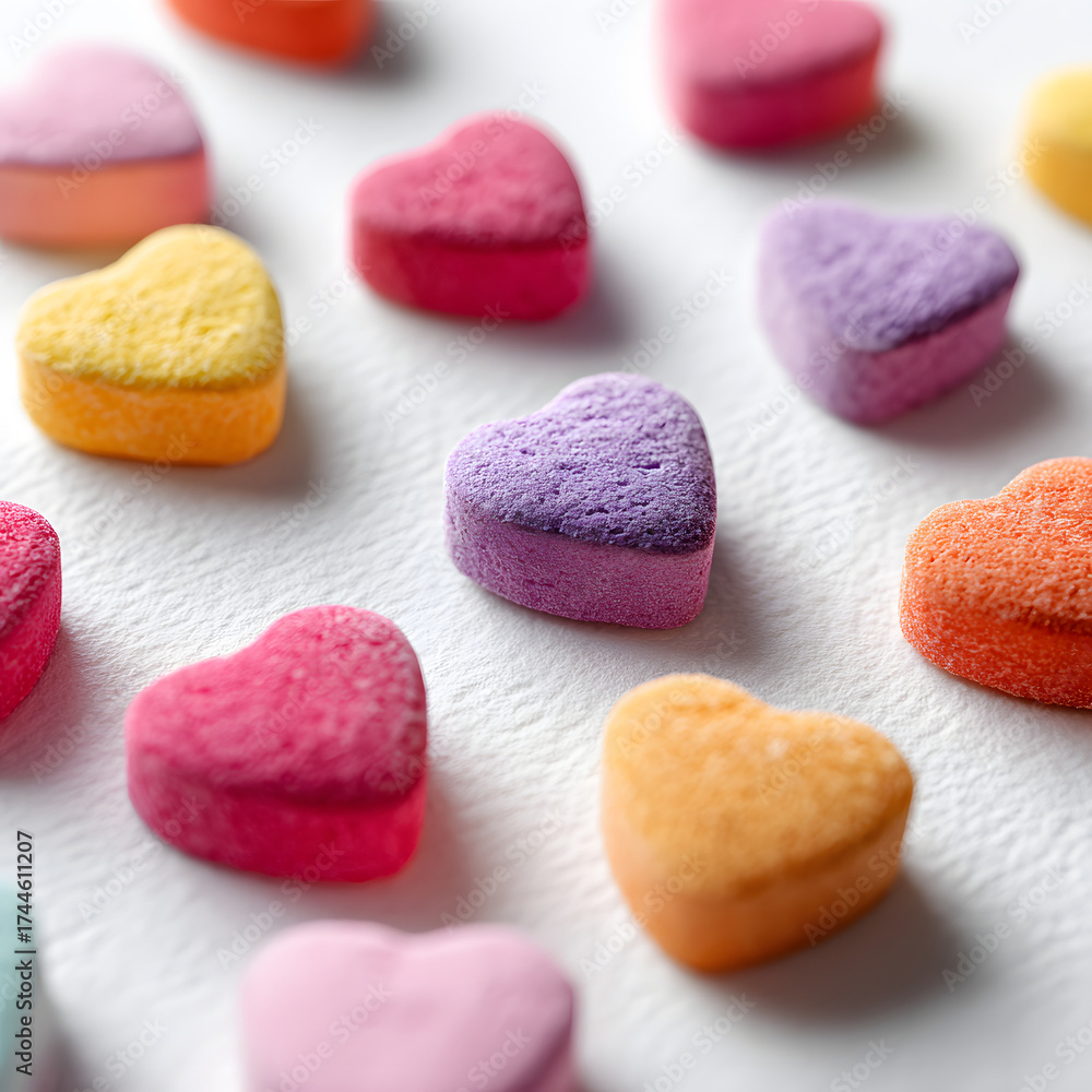 Obraz premium A whimsical arrangement of candy hearts, radiating joy and love on a pure white backdrop.