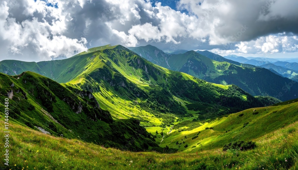 Obraz premium Lush Green Mountain Range Under Dramatic Cloudy Sky Daylight Panorama