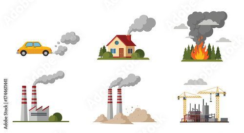 Illustrations depicting sources of air pollution from industry and transportation.