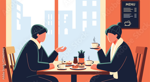 Two people having a conversation over coffee and pastries at a table.