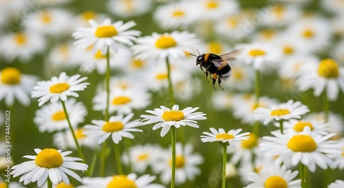 Busy Bumblebee Hovering Over a Field of Daisies with Pollination and Summer.