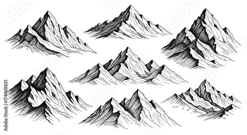 A collection of rugged mountain peaks rendered in detailed black and white ink sketches.