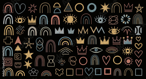 A colorful collection of hand-drawn abstract shapes and symbols in a bohemian style.