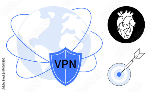 Globe with orbiting lines and VPN shield, heart diagram in black circle, arrow hitting bullseye. Ideal for security, protection, connectivity, healthcare, precision focus global access. Simple flat