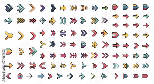 A collection of diverse pixel art directional arrow icons for user interface design.