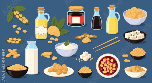 A vibrant collection of diverse soy based food products and ingredients.