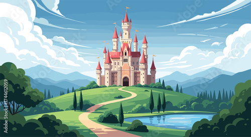 A grand fairytale castle stands majestically atop a lush green hill under a bright blue sky.