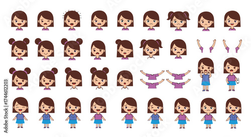 A Diverse Collection of Pixelated Girl Characters Expressing Various Emotions and Poses