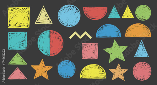 A collection of colorful geometric shapes drawn with a crayon texture on a dark background.
