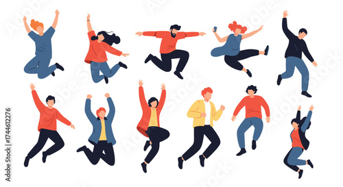 A diverse group of energetic people are joyfully jumping in the air