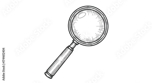 A vintage black and white illustration of a classic magnifying glass with a wooden handle.