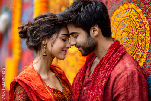 A romantic couple shares a tender moment, adorned in traditional attire against a colorful backdrop.