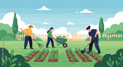 People are working together in a garden on a sunny day planting vegetables and tending to the crops.
