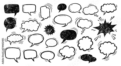A collection of diverse hand-drawn speech bubbles and thought clouds conveying communication and ideas in a graphic style.