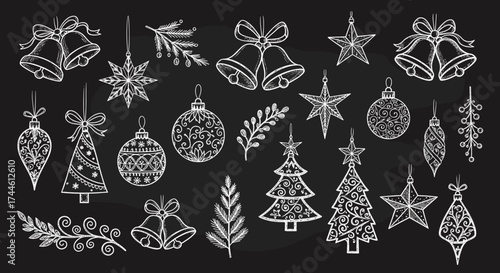 Chalkboard collection of hand-drawn festive Christmas ornaments and decorations for holiday greetings.