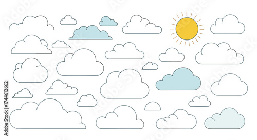 A collection of various puffy white and blue clouds scattered across a bright sky with a cheerful sun on the right side.