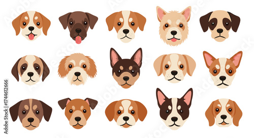 A charming collection of diverse puppy faces rendered in a pixel art style showcasing their unique markings and adorable expressions.
