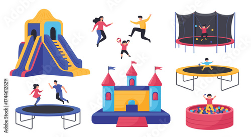 Various outdoor recreational equipment and activities for children enjoying playtime.